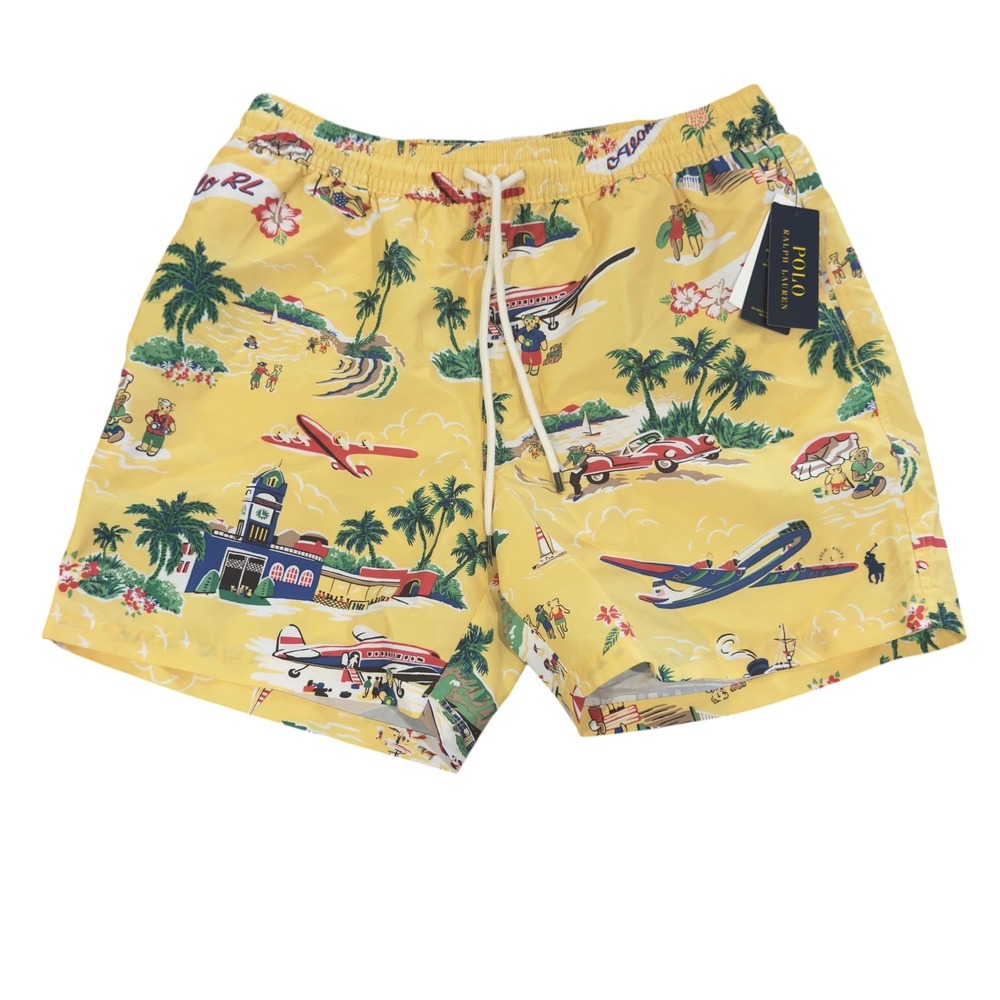 Polo Ralph Lauren NEW Men's Size Large Yellow AOP Polo Bear Hawaiian Swim Trunks